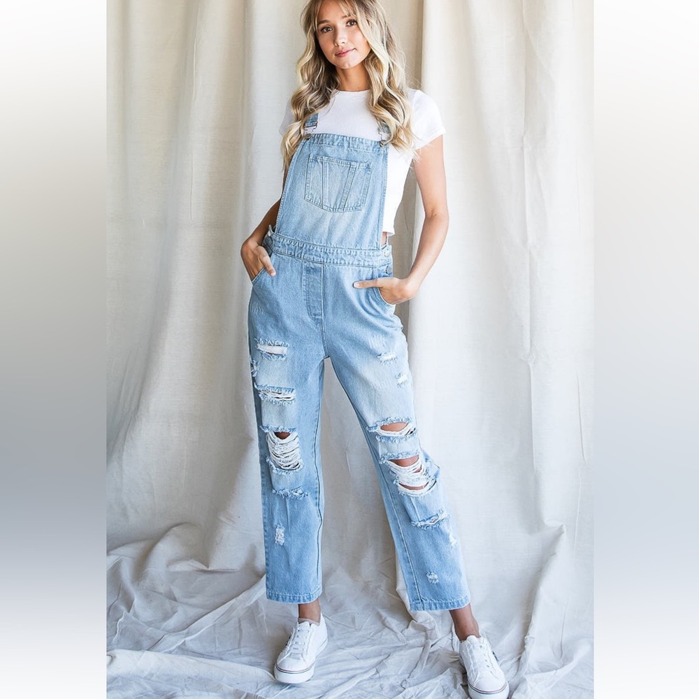 NEW DISTRESSED DENIM LOOSE FIT OVERALLS WITH POCKETS